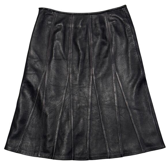 NWT Pink Contrast Stitch Pleated IN NAPPA Black Leather Skirt Size 2 Academia - Picture 4 of 11
